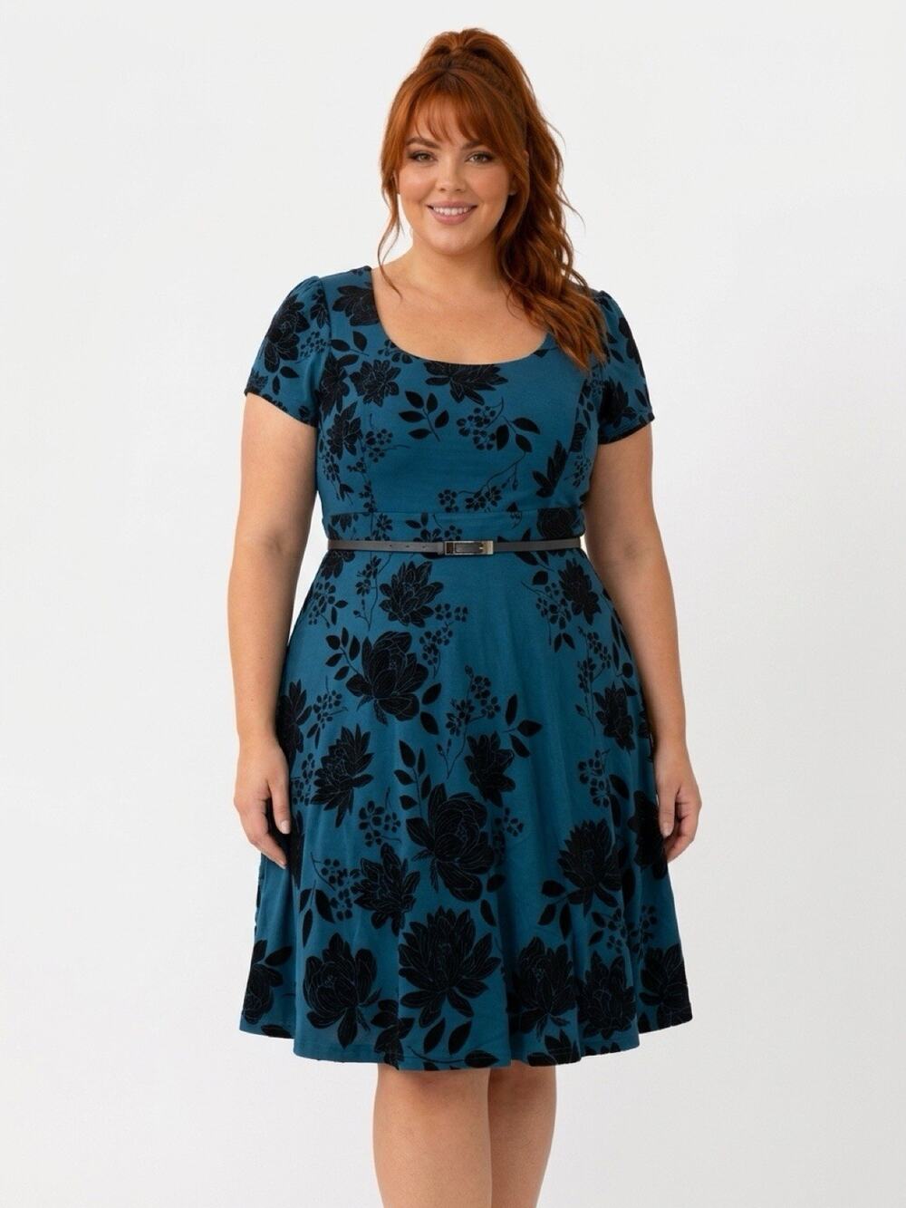 Womens City Chic Blue Black Flock Flower Print Fit & Flare Dress W/Belt, Plus 20